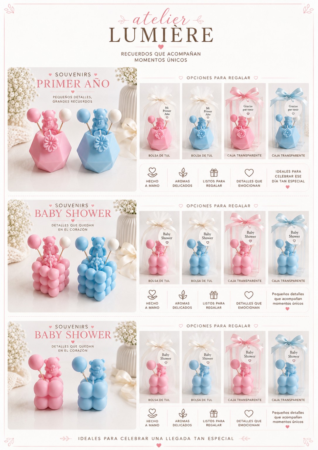 Souvenirs artesanales rosas y celestes para baby shower y primer año