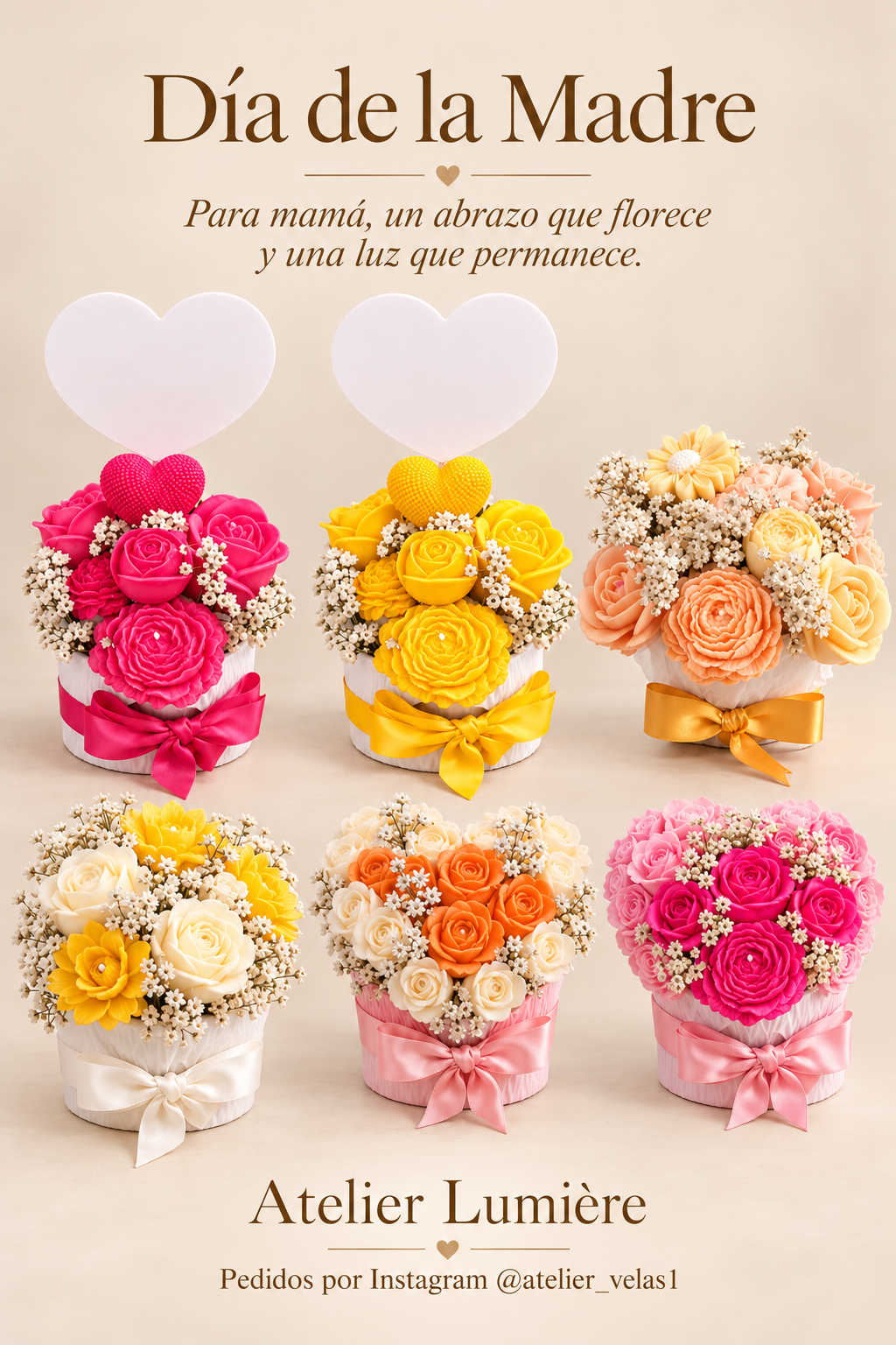 Flyer de Día de la Madre de Atelier Lumière con seis arreglos florales en rosa, amarillo, naranja y blanco