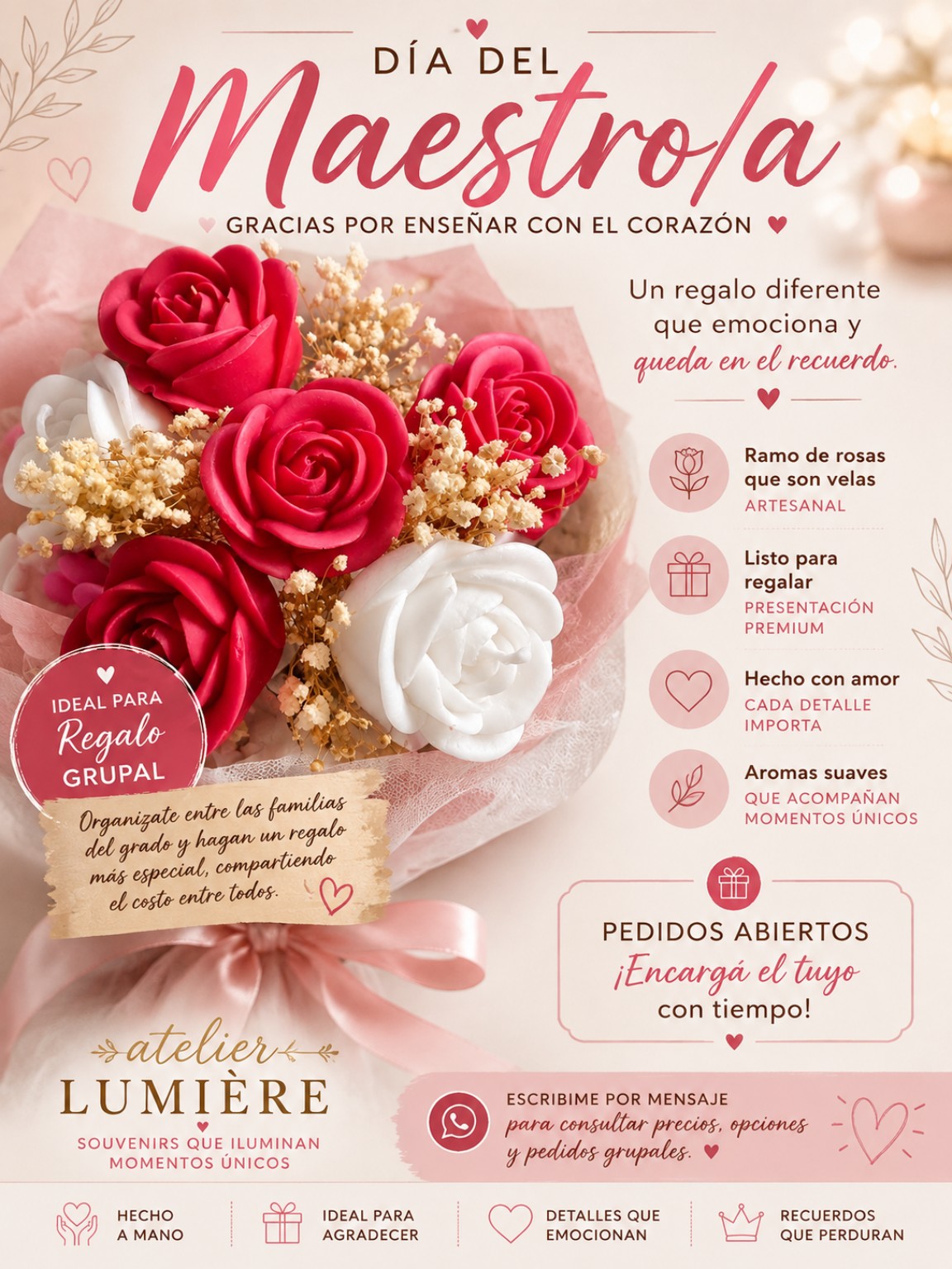 Ramo de rosas rojas y blancas de vela para el Día del Maestro