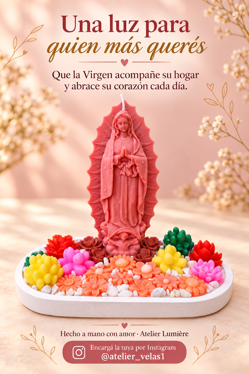 Flyer de la virgencita rosa de vela con flores de colores y mensaje para regalar