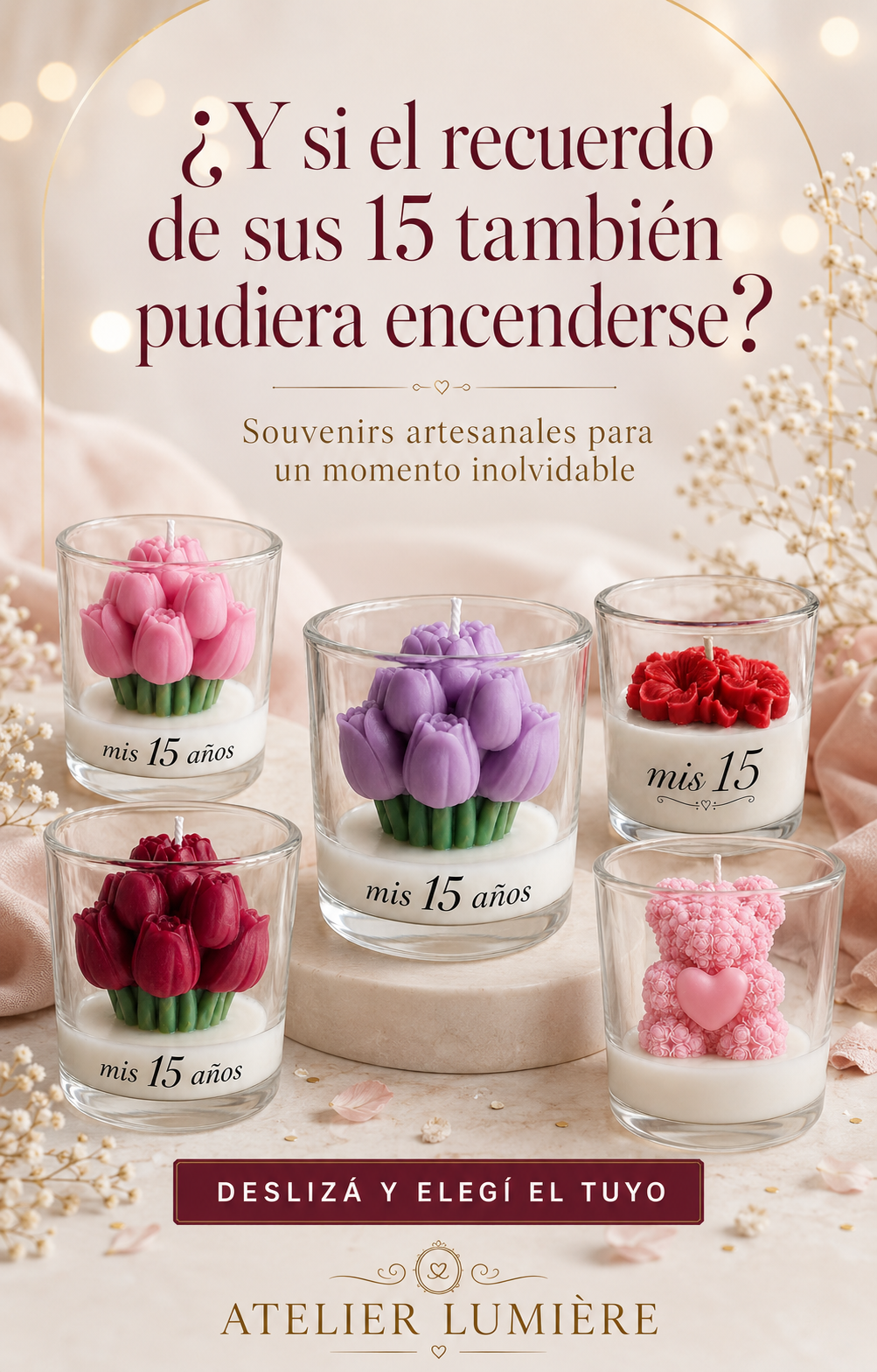 Colección de souvenirs de velas artesanales para quince años
