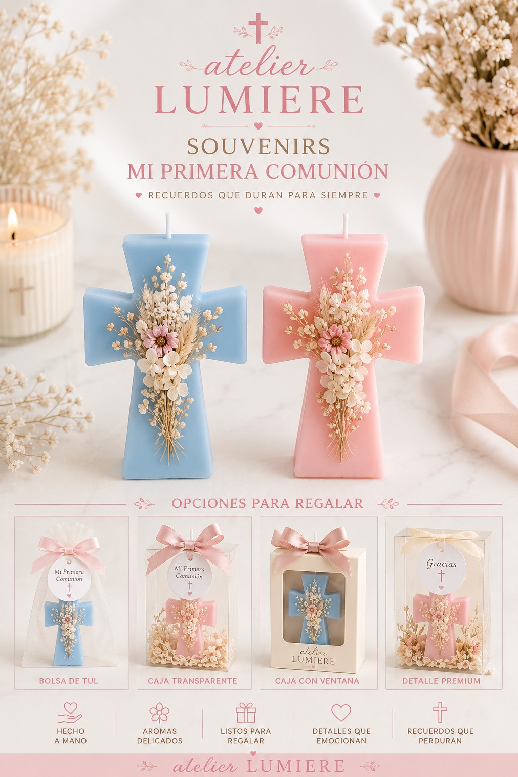 Velas en forma de cruz azul y rosa con flores para Primera Comunión
