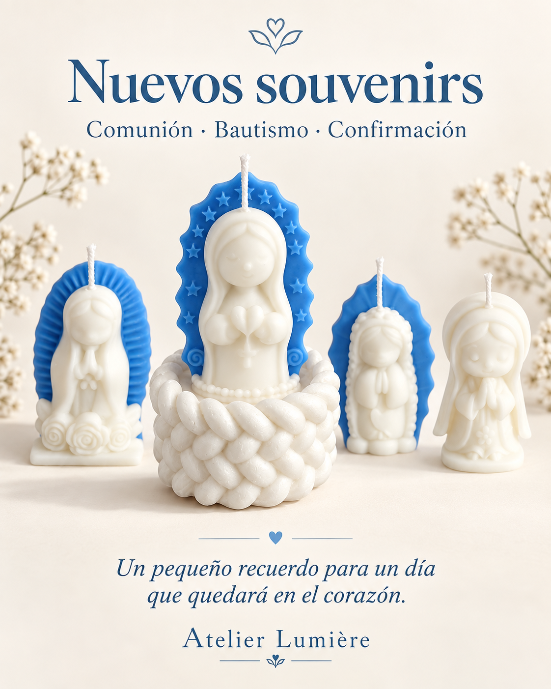 Flyer de nuevos souvenirs de comunión, bautismo y confirmación con cuatro modelos de velas de la Virgen, uno en base blanca tejida